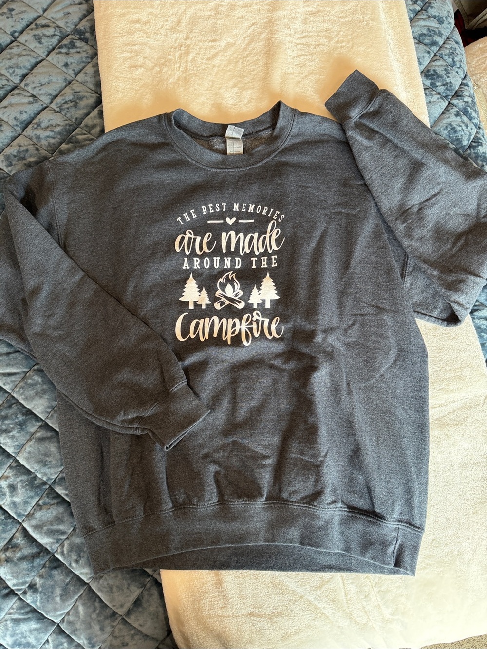 Women’s Gildan Dark Gray Crewneck Sweatshirt with White Campfire Graphic-L